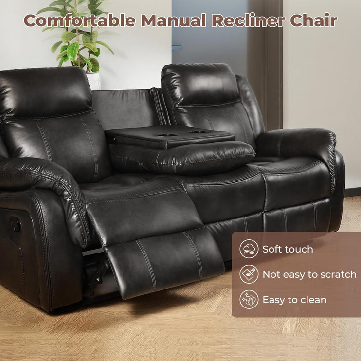 Leather Manual Recliner Sofa Set, Reclining Sofa Chair with Adjustable Angle, Living Room Furniture Sets, Includes Single Recliner Chair and Loveseat Sofa, Black