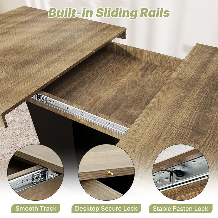 63"-78.7" Expandable Dining Table, 6-10 Rectangle Table, Extendable Console Table, Wooden Farmhouse Kitchen Table with Metal Track & Dual Column Base for Living, Office-Brown