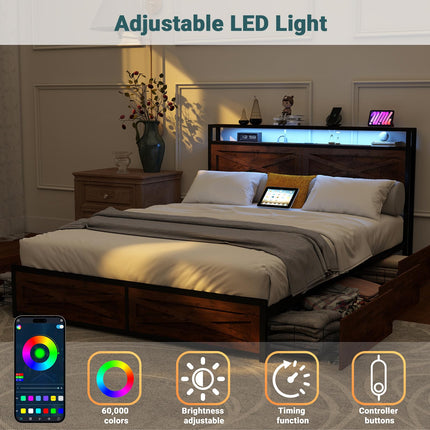 Queen Size Storage Bed Frame with 6 Underbed Drawers, Queen Platform Bed Frames with Charger & LED Lights, Metal Slats & Wooden Headboard, Easy Assembly, Reddish Brown