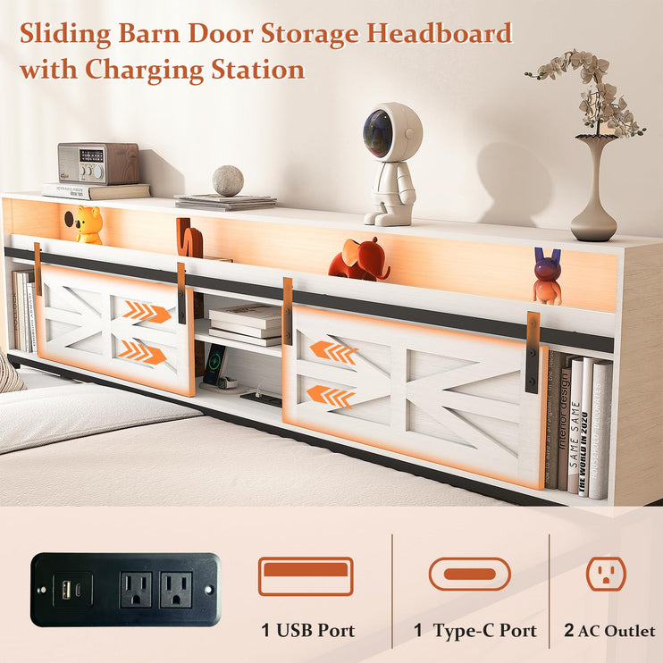 Twin Daybed with Trundle Bed, Rustic Farmhouse Daybed Frame with Sliding Barn Door Headboard LED Lights and Charging Station, Heavy Duty Metal Daybed for Bedroom Living Room Guest Room White