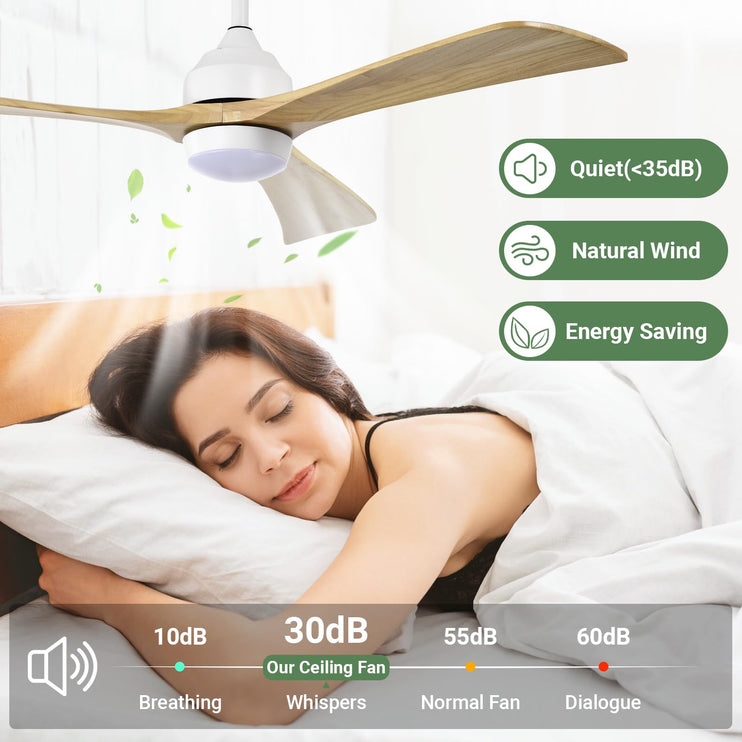 52 Inch Ceiling Fan with Light, Modern Ceiling Fan with Light and Remote, 3 Wooden Blades, Reversible DC Motor, Quiet Ceiling Fan for Bedroom/Living Room/Office, Light Wood