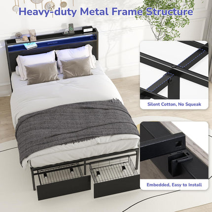 Full Bed Frame with 2 Storage Drawers, Bed Frame Full Size with Headboard, LED Light, Charging Station with 2 USB Ports & 2 AC Ports, Noiseless, Black