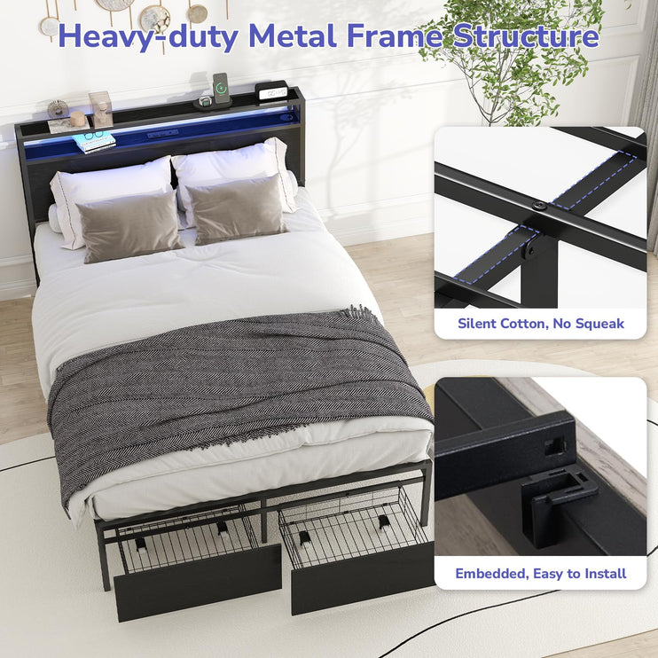 Full Bed Frame with 2 Storage Drawers, Bed Frame Full Size with Headboard, LED Light, Charging Station with 2 USB Ports & 2 AC Ports, Noiseless, Black