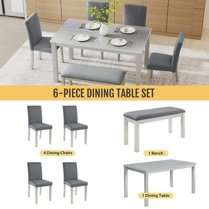 6-Piece Solid Wood Dining Table Set, Including 1 Dining Table, 4 Upholstered Chairs and 1 Bench, Wooden Dining Table Set with Crystal Decoration for Kitchen, Dining Room, Silver Grey