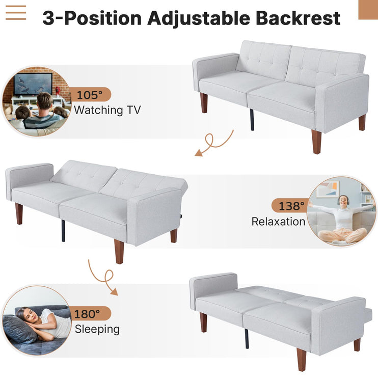 Futon Sofa Bed Futon Couch Loveseat, Convertible Recliner Lounge with Adjustable Backrest, Foam and Spring Cushions for Living Room Apartment Office, Light Gray, Fabric