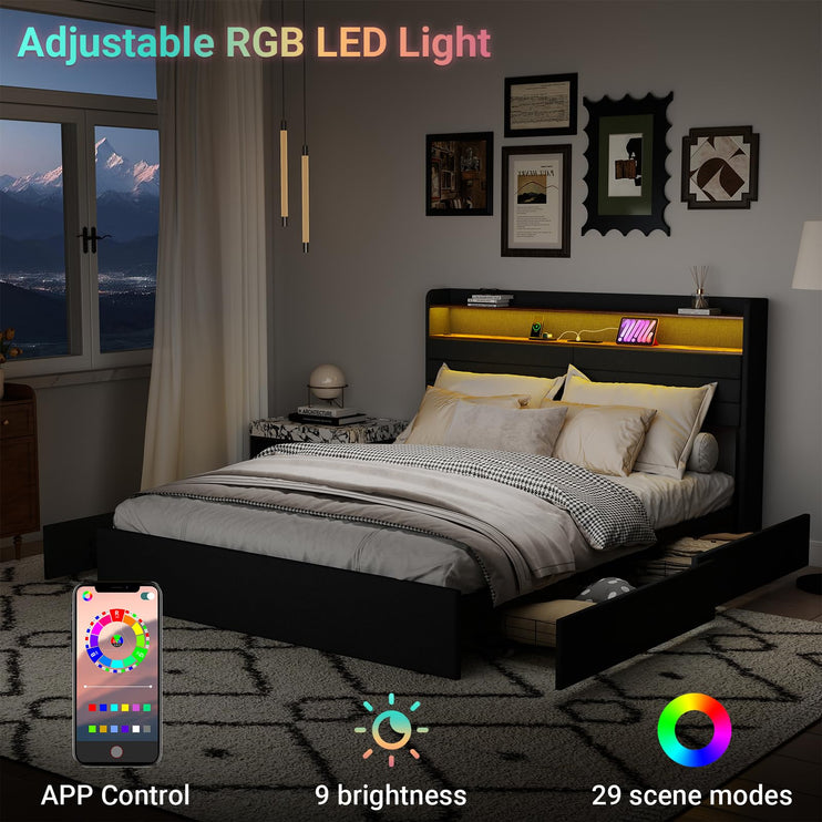 Queen Bed Frame with 4 Storage Drawers, Queen Size Upholstered Bed Frame with Headboard, LED, Charging Station with USB Ports & AC Outlets, Sturdy Metal Slat Support, Noiseless, Gray
