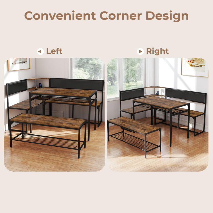 Corner Dining Table Set for 4-6, Breakfast Nook Table Set with Charging Port, Corner Kitchen Table with Storage & Bench, Farmhouse Corner Dining Table Set for Dining Room, Kitchen - Brown