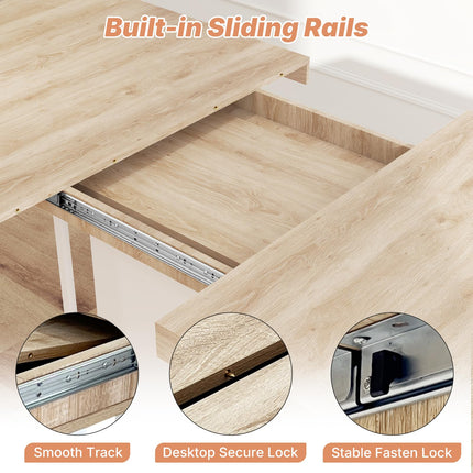 63"-78.7" Expandable Dining Table, 6-10 Farmhouse Kitchen Table, Extendable Dining Room Tables, Rectangular Table with Metal Track, Stable Central Column Base for Living Room, Home-Oak