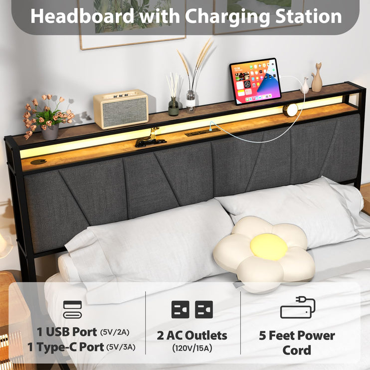 Queen Bed with Storage Shelf, Queen Bed with LED Lights, Charging Station & Drawers, Queen Size Bed with Upholstered Headboard, No Noise, Black and Brown