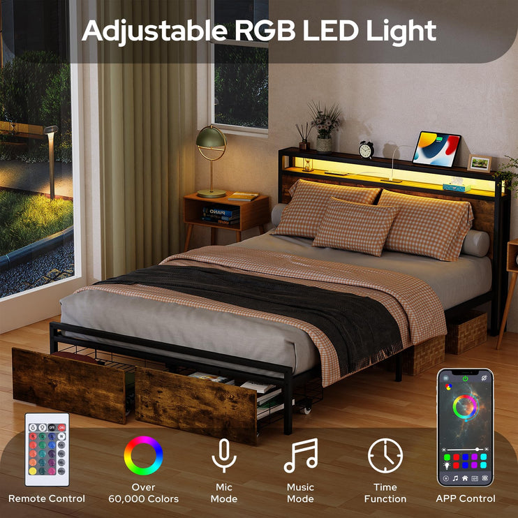 Queen Bed Frame with Storage Drawers, Bed Frame Queen Size with Headboard, LED Light, Charging Station with 3 USB Ports & 1 Type-C Port, No Noise, Rustic Brown