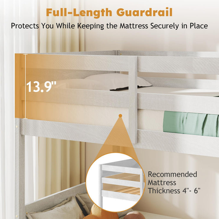 Wooden Bunk Bed Twin Over Twin, Low Bunk Bed, Solid Rubberwood Bed Frame with Built-in Ladder, Floor Bunk Bed for Bedroom, Space Saving, No Box Spring Needed, Antique White