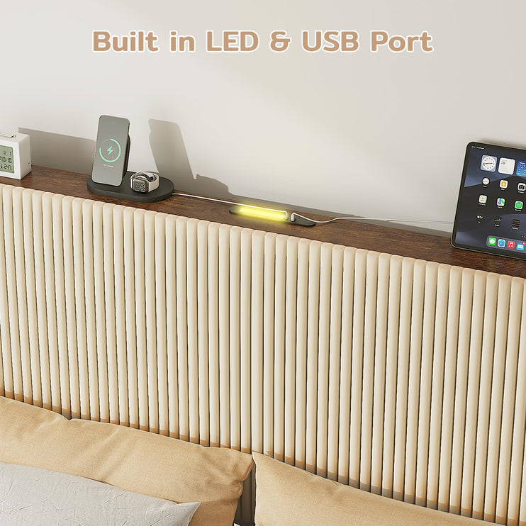 Full Size Velvet Bed Frame with Upholstered Headboard, Tufted Velvet Wingback Storage Headboard, Full Platform Bed Frames w/Charging Station & LED Light, Underbed Storage Space, Beige