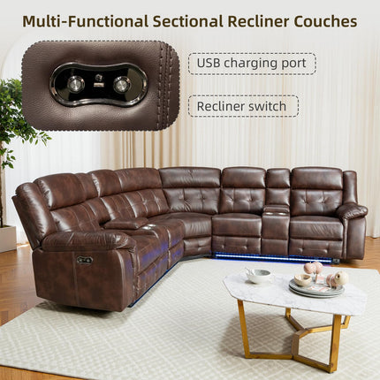 Power Leather Reclining Sofa with LED, Leather Couch with USB Port & Cup Holder/Storage Console for Living Room, Modern Power Recliner Sofa Sets with 2 Recliner Sectional, Brown