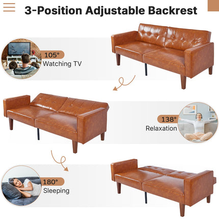 Futon Sofa Bed Futon Couch Loveseat, Convertible Recliner Lounge with Adjustable Backrest, Foam and Spring Cushions for Living Room Apartment Office, PU Leather, Brown