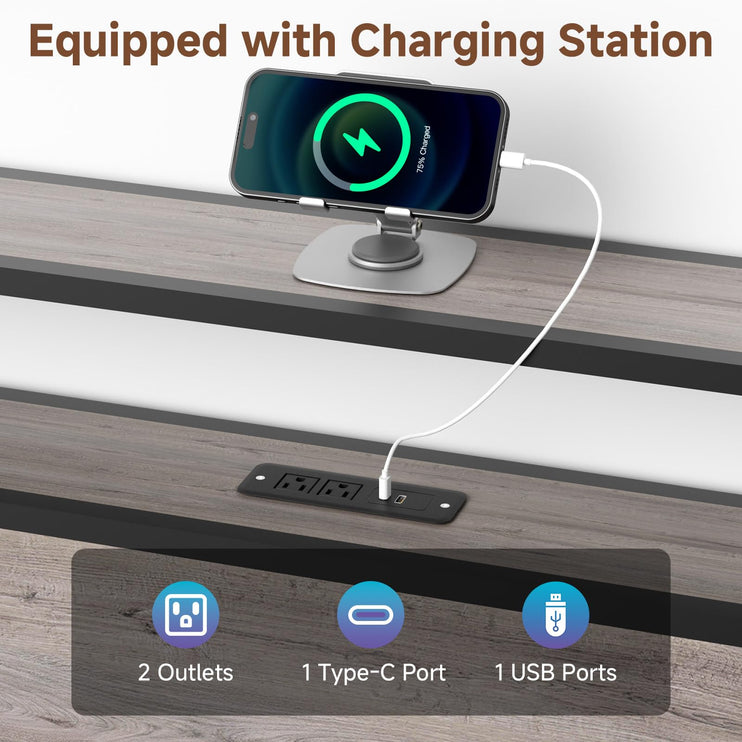 Queen Bed Frame with 4 Drawers & Headboard, Queen Size Metal Platform Bed Frame with Charging Station, LED Lights, Sturdy & Stable Queen Size Bedframe, Noiseless, No Box Spring Needed