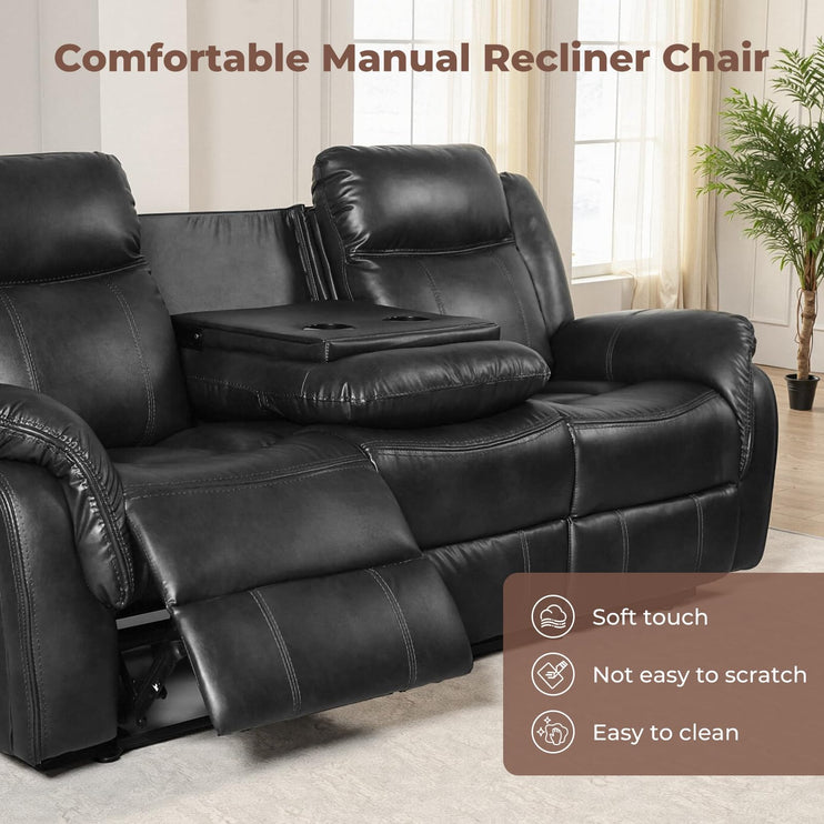 Leather Manual Recliner Sofa Set, 1, 2, 3 Seat Reclining Chairs with Adjustable Angles, Center Console, Hidden Storage & Cup Holders, Modern Reclining Furniture for Living Room & Bedroom, Black