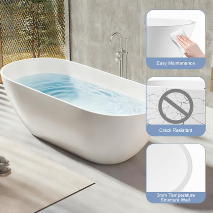 59/63/69 Inch Solid Surface Freestanding Bathtub, Oval Shaped Soaking Stone Resin Bath Tub with Brushed Overflow and Drain, Matte White Stand Alone Bathtub, cUPC Certified