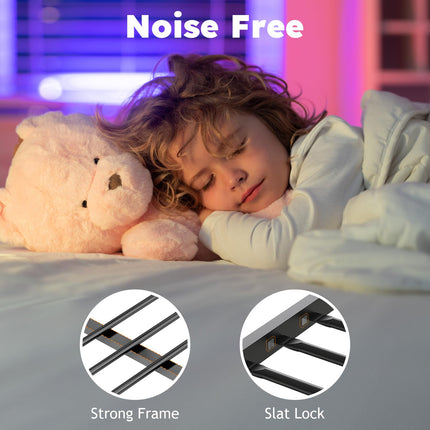 Twin Over Full Size Bunk Bed, Metal Low Profile Bunkbeds with Full-Length Guardrail and Ladder, Space Saving, No Boxing Spring Needed, Black