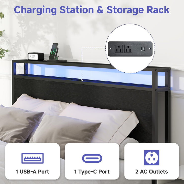 Queen Bed Frame with 4 Storage Drawers, Queen Size Bed Frame with Headboard, LED, Charging Station with USB Ports & AC Outlets, Sturdy Metal Slat Support, No Noise, Black