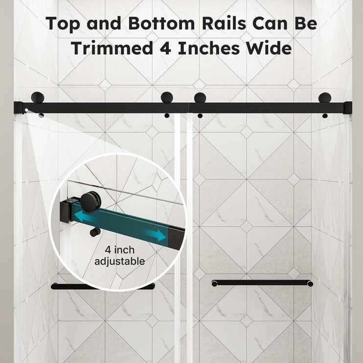 56"-60" W x 75" H Frameless Shower Door, Double Sliding Shower Doors with 5/16" (8mm) Clear Tempered Glass, Noiseless Shatterproof Shower Door, 304 Stainless Steel, Black