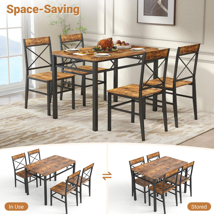 5-Piece Dining Table Set, Dining Table Set for 4, Small Kitchen Table Set for 4, Wood Dining Room Table, with 4 Curved Backrest Chairs, Compact Dining Set for Small Spaces & Kitchen-Brown