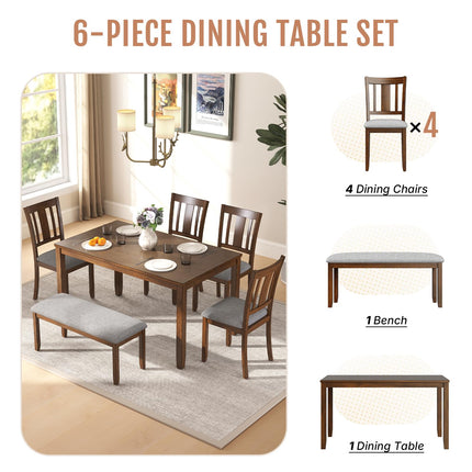6-Piece Wooden Dining Set, Dining Table & Chair Set for 6, Includes Dining Table, 4 Upholstered Chairs & 1 Bench, Dining Table with Wood Legs, Table Set for Dining Room, Kitchen, Walnut
