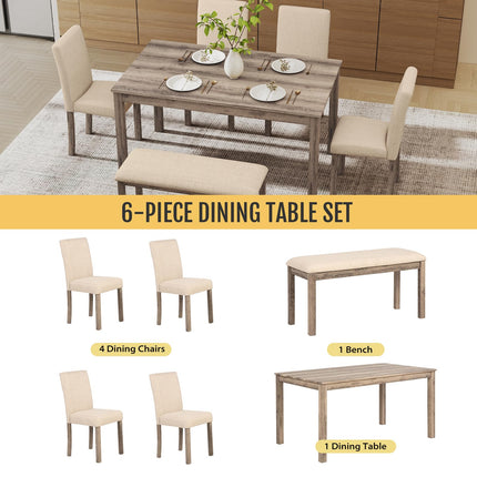 6-Piece Solid Wood Dining Table Set, Including 1 Dining Table, 4 Upholstered Chairs and 1 Bench, Wooden Legs Dining Table Set for Dining Room, Kitchen, Restaurant, Brown