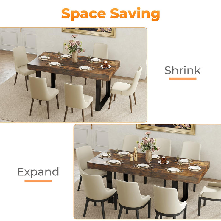 63"-78.7" Expandable Dining Table, 6-10 Farmhouse Kitchen Table, Extendable Dining Table, Rectangular Kitchen Table with Metal Track, Tapered U-Shaped Leg for Dining Room,Office-Rustic Brown