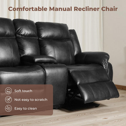 Leather Manual Recliner Sofa Set, 1, 2, 3 Seat Reclining Chairs with Adjustable Angles, Center Console, Hidden Storage & Cup Holders, Modern Reclining Furniture for Living Room & Bedroom, Black