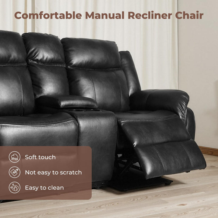 Leather Manual Recliner Sofa Set, 1, 2, 3 Seat Reclining Chairs with Adjustable Angles, Center Console, Hidden Storage & Cup Holders, Modern Reclining Furniture for Living Room & Bedroom, Black