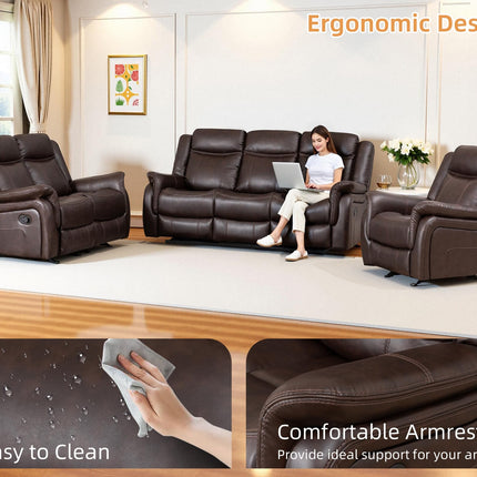 3-Piece Recliner Sofa Set, 1+2+1, 1+3+1, 1+2+3 Pieces in Living Room, Loveseat Sofa, Recliner Chair & Sofa Set with PU Leather, Cup Holders, Backrest & Angle Adjustment for Office & Home Theater, Brown Seat