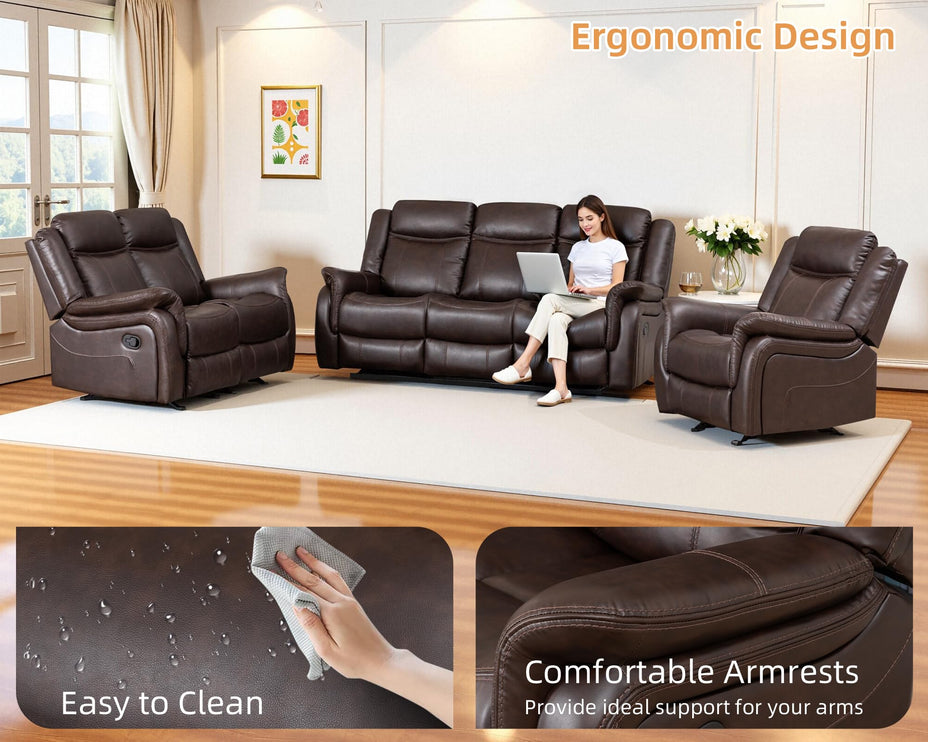 3-Piece Recliner Sofa Set, 1+2+1, 1+3+1, 1+2+3 Pieces in Living Room, Loveseat Sofa, Recliner Chair & Sofa Set with PU Leather, Cup Holders, Backrest & Angle Adjustment for Office & Home Theater, Brown Seat