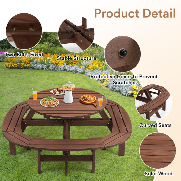 Wood Picnic Table for 10-12 People, Round Top with Umbrella Hole, 4 Built-in Curved Benches, 2220LBS Capacity for Patios & Backyards, Brown