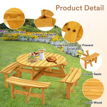 8 Person Wood Picnic Table, Round Tabletop with Umbrella Hole, 4 Built-in Curved Benches, 2220LBS Total Capacity for Patios, Backyard, Light Wood Color
