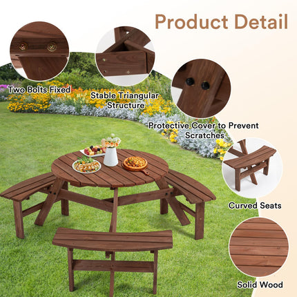 6 Person Wood Picnic Table, Round Tabletop with Umbrella Hole, 3 Built-in Curved Benches, 1720LBS Total Capacity for Patios, Backyard, Brown
