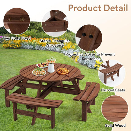 8 Person Wood Picnic Table, Round Tabletop with Umbrella Hole, 4 Integrated Curved Benches, 2220LBS Overall Capacity for Patios, Backyard, Rustic Brown