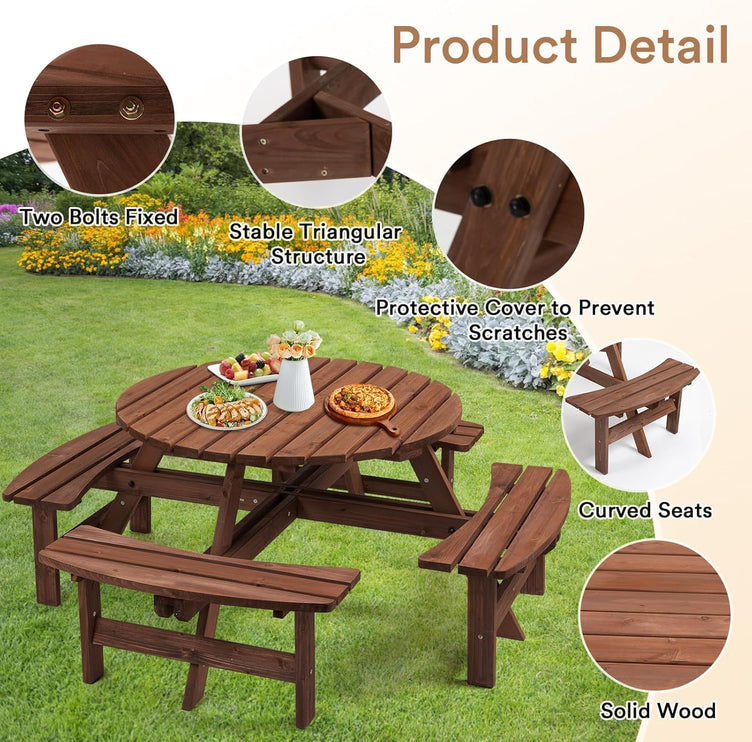 8 Person Wood Picnic Table, Round Tabletop with Umbrella Hole, 4 Integrated Curved Benches, 2220LBS Overall Capacity for Patios, Backyard, Rustic Brown