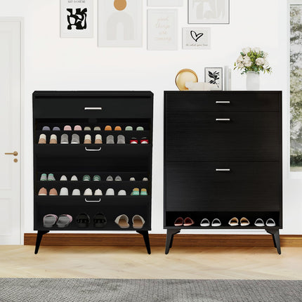 Black Shoe Cabinet with 2 Flip Drawers, Freestanding Shoe Storage Cabinet with Adjustable Shelf, Metal Legs for Entryway Hallway