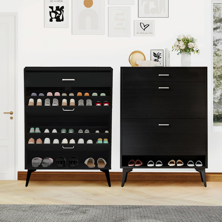 Black Shoe Cabinet with 2 Flip Drawers, Freestanding Shoe Storage Cabinet with Adjustable Shelf, Metal Legs for Entryway Hallway