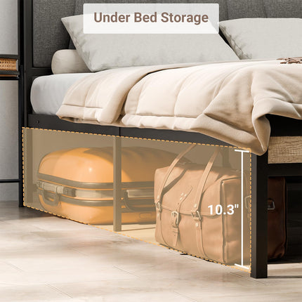 Full Bed Frame, 2 Tier Shelf Headboard with USB Ports & Power Outlets Charging Station, Full Size Metal Platform Bed Frame with Upholstered Headboard, Noise-Free, No Box Spring Needed