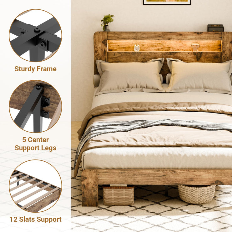 Queen Size Bed Frame with Headboard, Bed Frame Queen Size with Charging Station, Built in LED Light Strip, No Noise, No Box Spring Needed, Rustic Brown(Rectangular Slot)