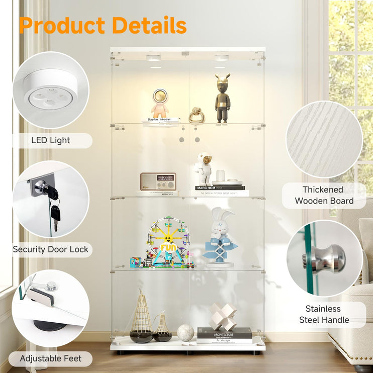 Tempered Glass Display Cabinet with Lights, 4-Tier Curio Cabinet with Glass Doors and Lock, Glass Display Case for Collectibles, for Living Room, Bedroom, Office, Double Door, White