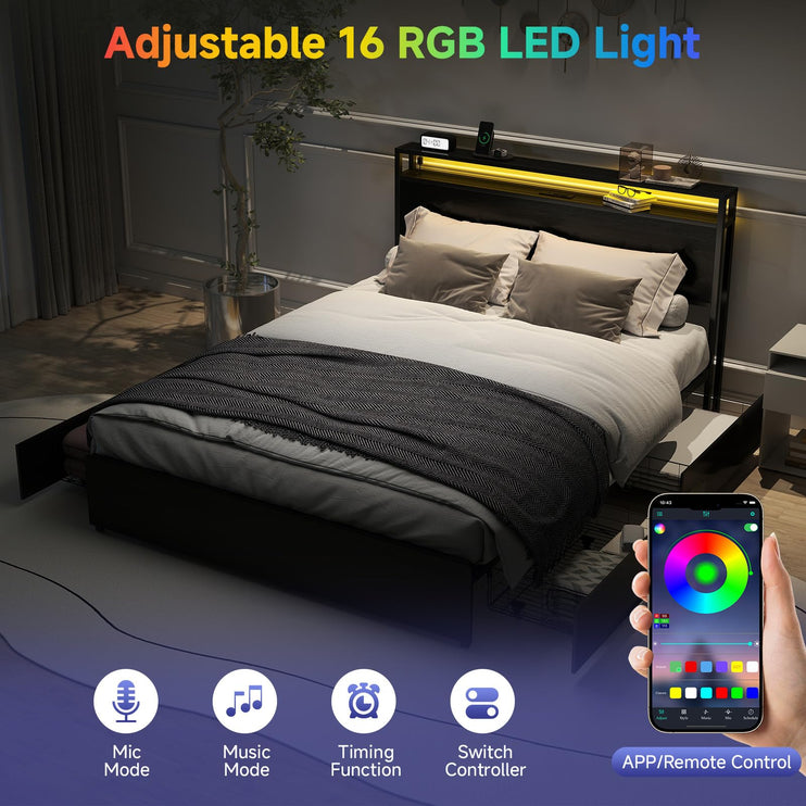 Full Bed Frame with 4 Storage Drawers, Full Size Bed Frame with Headboard, LED, Charging Station with USB Ports & AC Outlets, Sturdy Metal Slat Support, No Noise, Black