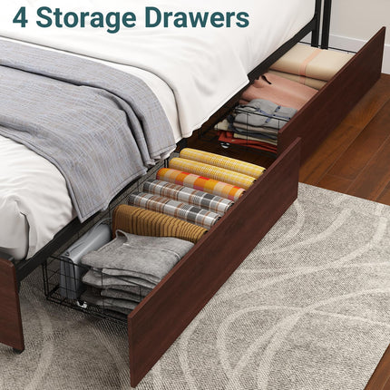Queen Size Bed Frame with 4 Storage Drawers, Queen Platform Bed Frames with 2 Tier Storage Headboard, Charging Station, Adjustable LED Light, Noise-Free, No Box Spring Required, Reddish Brown