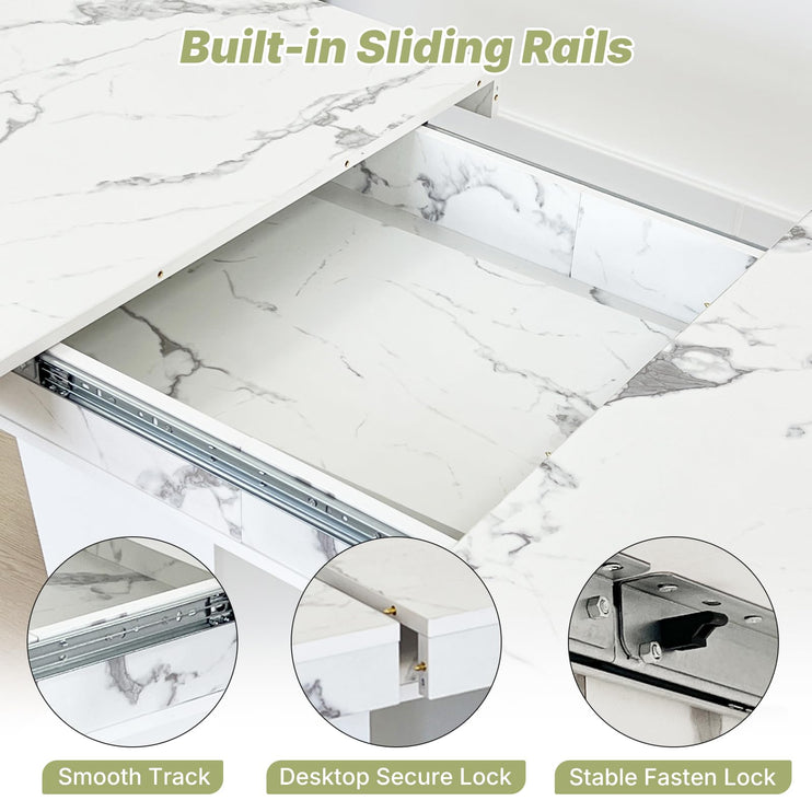 63"-78.7" Expandable Dining Table, 6-10 Farmhouse Kitchen Table, Extendable Console Table, Wooden Farmhouse Kitchen Table with Metal Track & Dual Column Base for Dining Room, Office-White