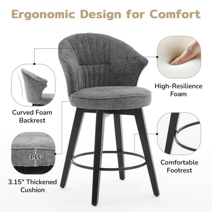 Bar Stools Set of 2, 25" Counter Height Stools, 360° Swivel Bar Stools, Stools for Kitchen Counter, Barstools Set of 2 with Wood Legs & Chenille Upholstery for Pub & Dining Room-Grey