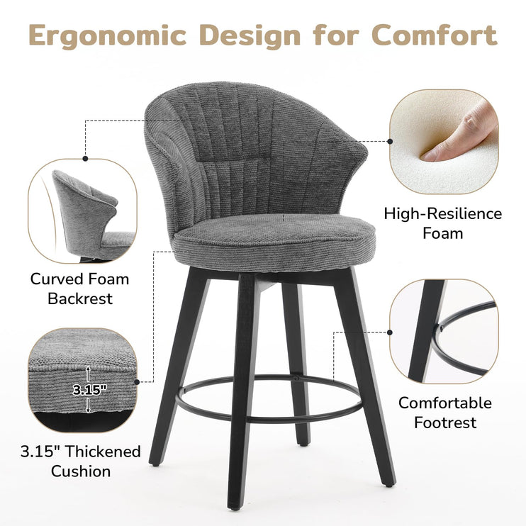 Bar Stools Set of 2, 25" Counter Height Stools, 360° Swivel Bar Stools, Stools for Kitchen Counter, Barstools Set of 2 with Wood Legs & Chenille Upholstery for Pub & Dining Room-Grey