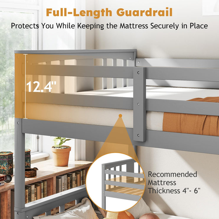Wooden Bunk Bed Twin Over Twin, Low Bunk Bed, Solid Pine Wood Bed Frame with Built-in Ladder, Convertible Bed Frame That Separates into 2 Twin Beds, Floor Bunk Bed for Bedroom, Gray