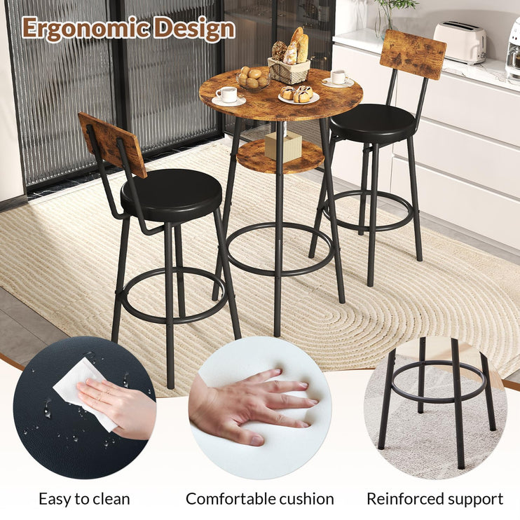 3 Pieces Round Bar Table Set, Small Dining Table for 2, Modern Kitchen Bar Table, Breakfast Table with Storage, 2 Thickened Cushion Stools with Backrest for Dining Room, Bistro-Brown