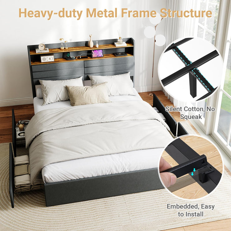 Queen Bed Frame with 4 Storage Drawers, Queen Size Upholstered Bed Frame with Headboard, LED, Charging Station with USB Ports & AC Outlets, Sturdy Metal Slat Support, Noiseless, Gray